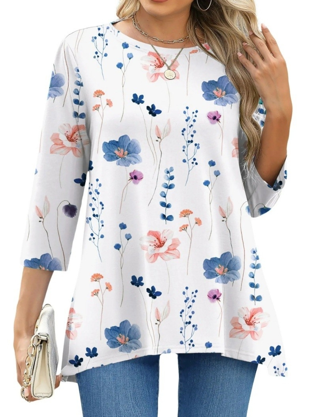 Floral White 3/4 Sleeve Tunic with Blue and Pink Blooms